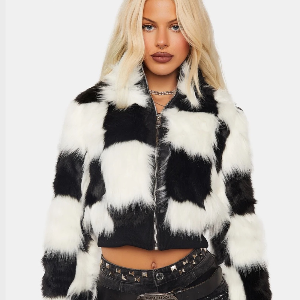 Azalea Wang Checkered  Faux Fur Jacket